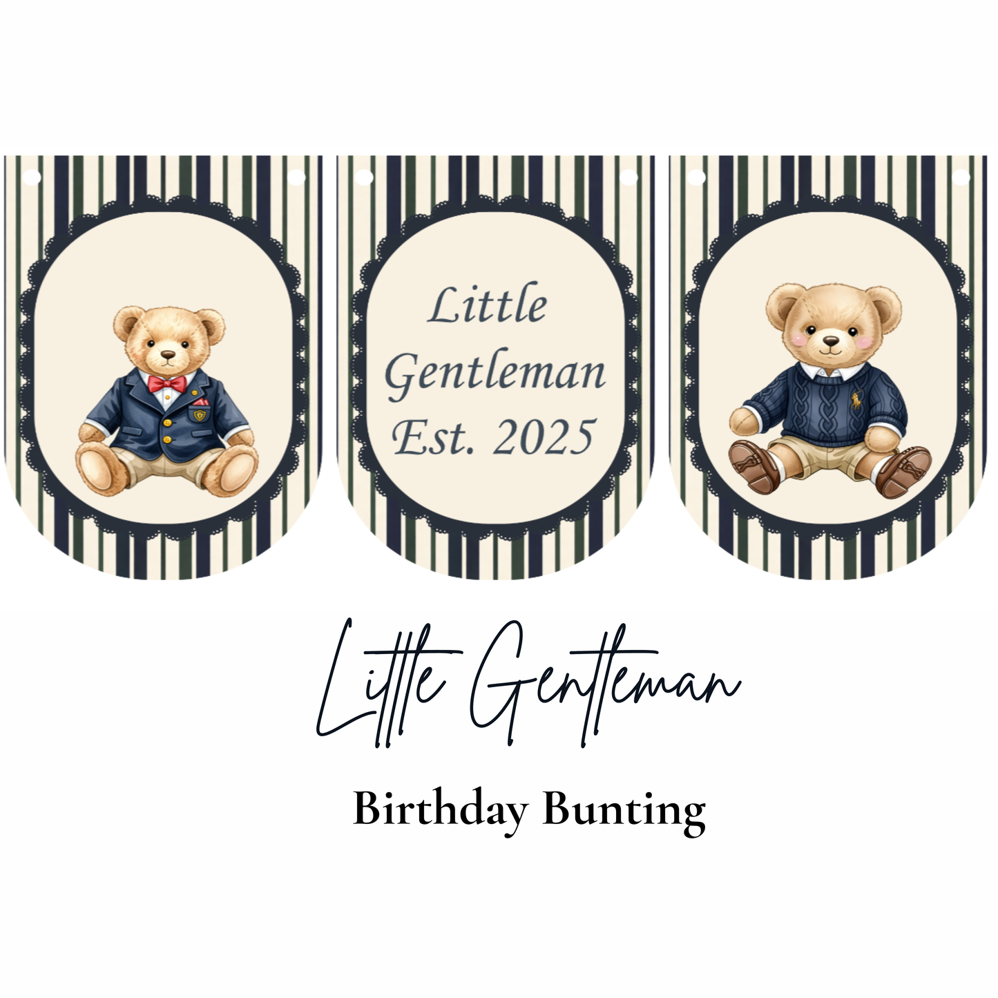 Little Gentleman Birthday Bunting – Personalised Teddy Bear Banner Age 1–3