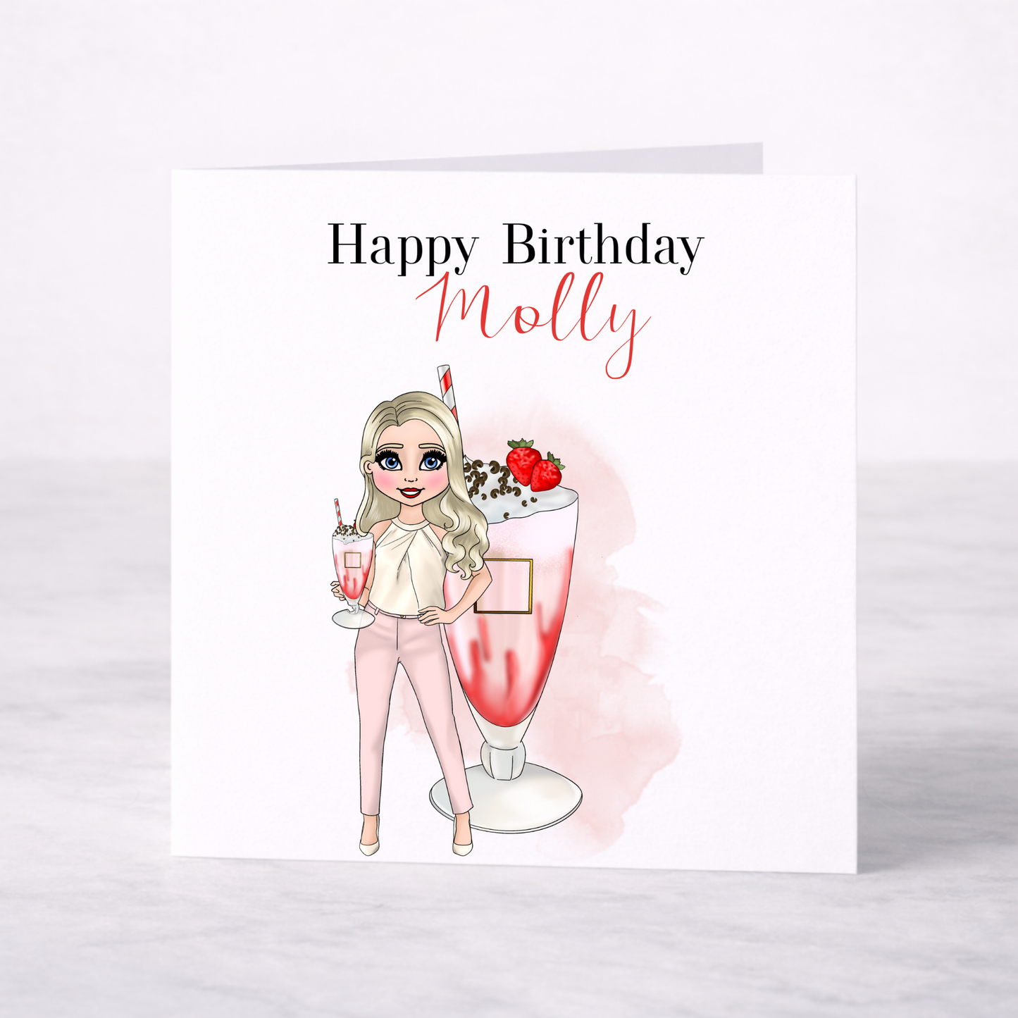Personalised Strawberry Vodka Cocktail Greeting Card – Choice of Girl, Custom Name Card for Her
