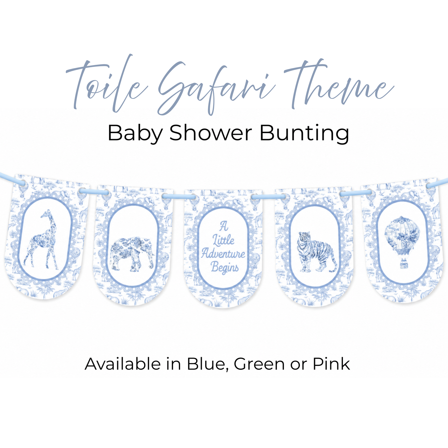 Safari Toile Baby Shower Bunting, A Little Adventure Begins Banner, Safari Animal Garland, Blue Pink Sage Baby Shower Decorations