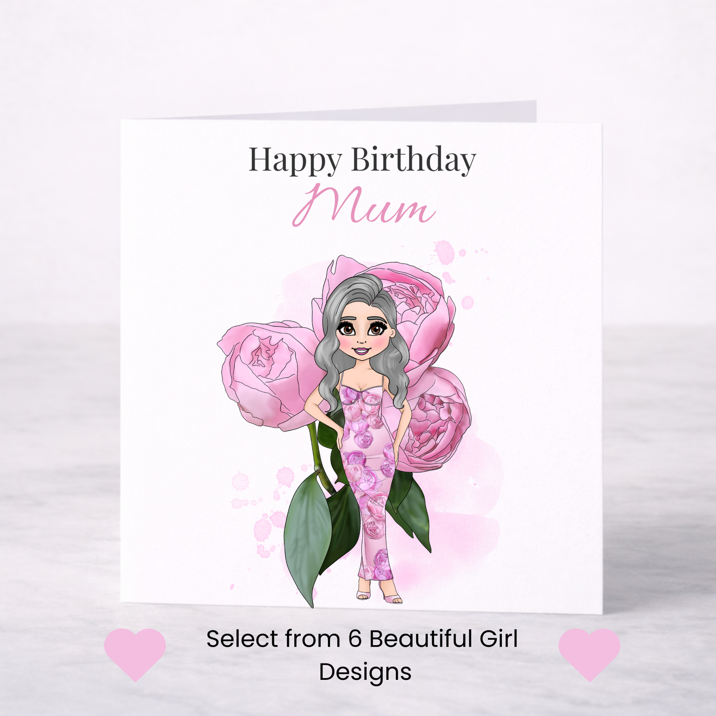 Personalised Peony Floral Birthday Card – Custom Name, Choice of Girl, Elegant Birthday Card for Her