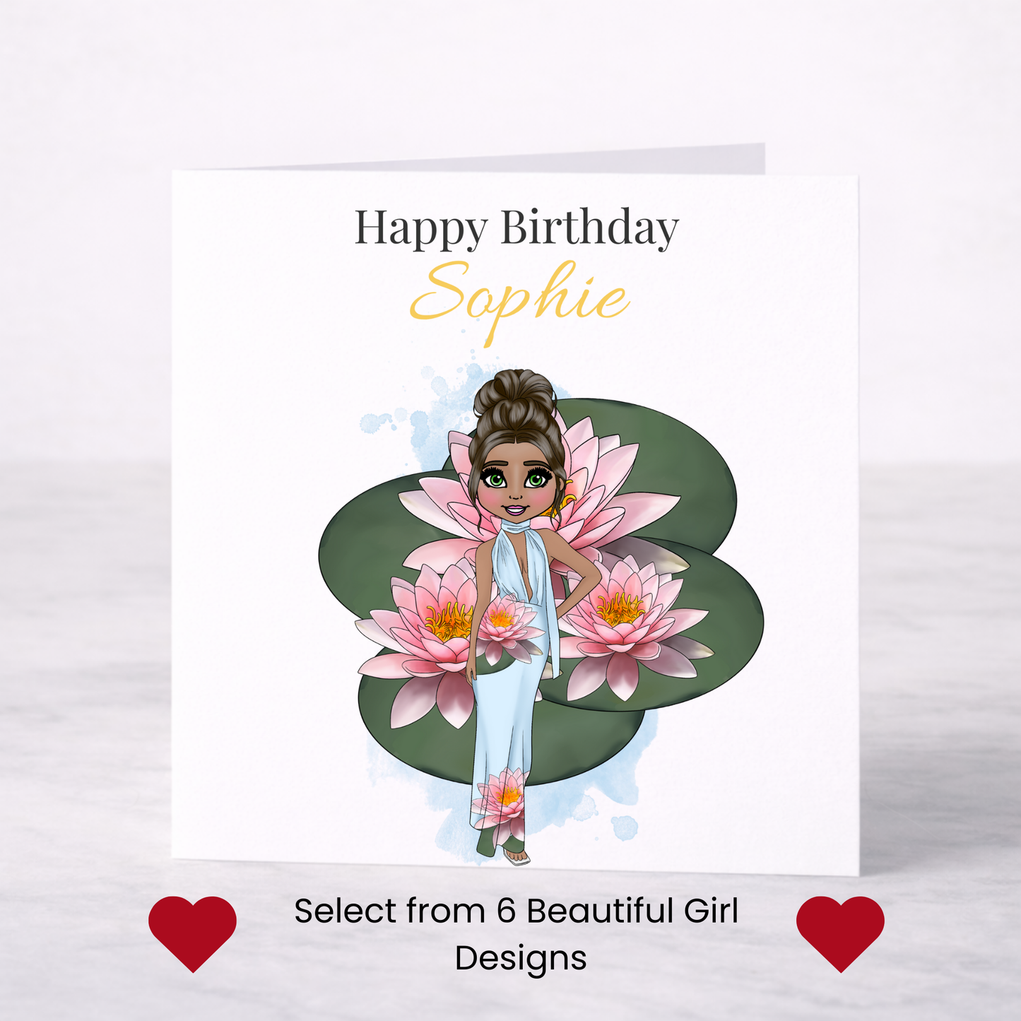 Personalised July Birth Flower Birthday Card – Water Lily Design, Custom Name, Choice of Girl