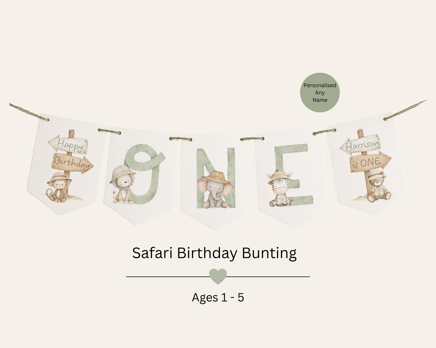 Safari Birthday Bunting Personalised Jungle Animal Banner Wild One Party Decorations Ages 1-5
