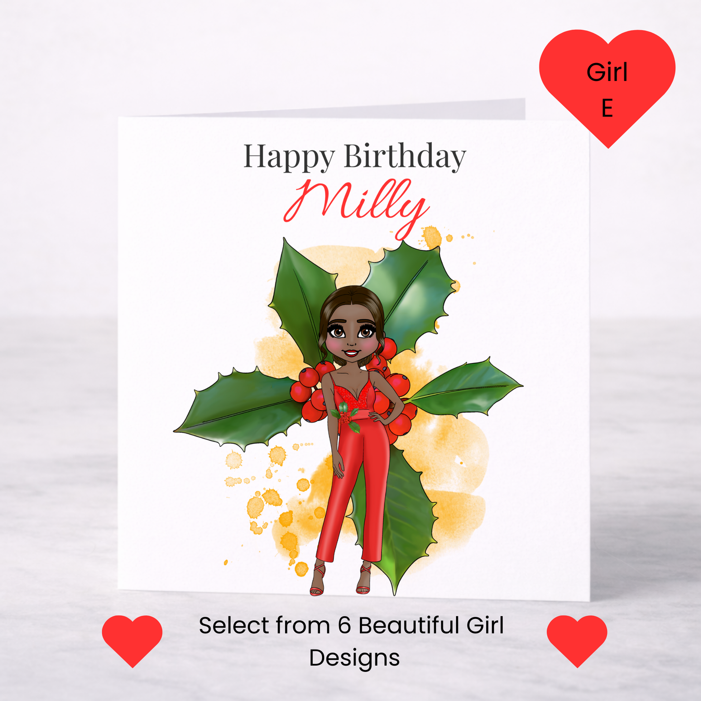 Personalised December Birth Flower Birthday Card – Holly Design, Custom Name, Choice of Girl