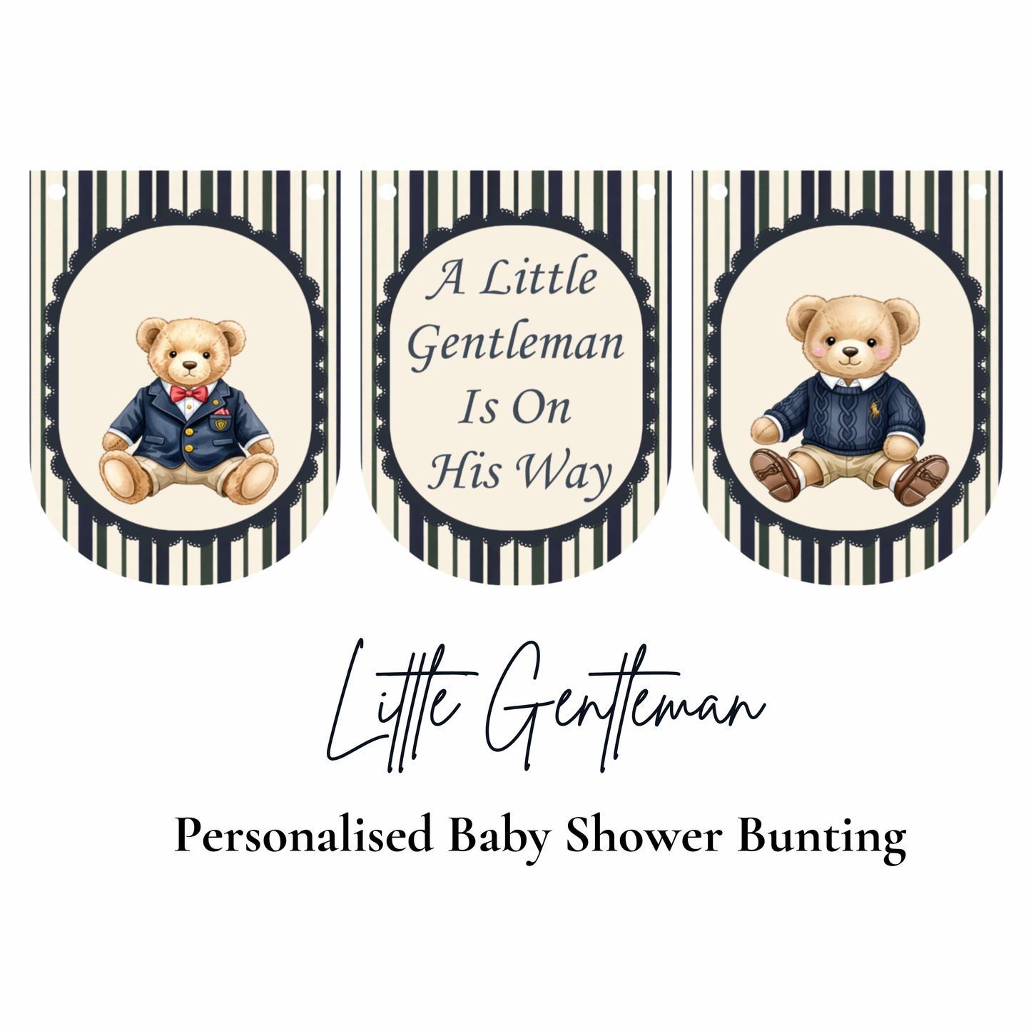 Little Gentleman Baby Shower Bunting – Personalised Teddy Bear Banner Boy