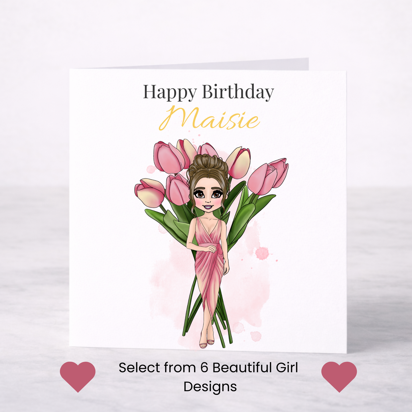 Personalised April Birth Flower Birthday Card – Tulip Design, Custom Name, Choice of Girl