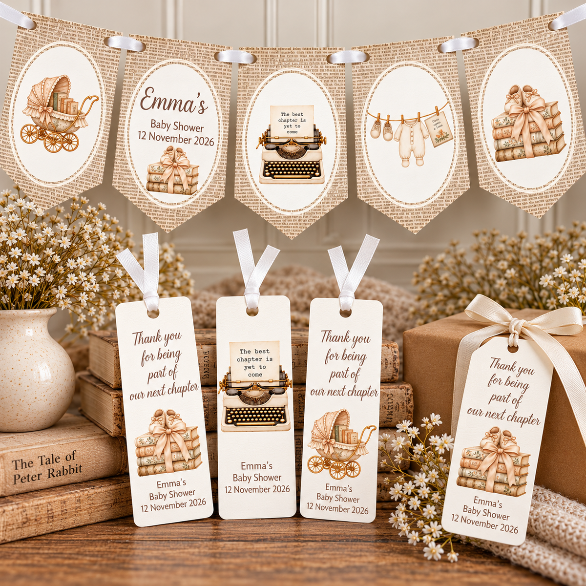 Personalised Book Themed Baby Shower Gift Tags – A New Chapter Set 10 tags