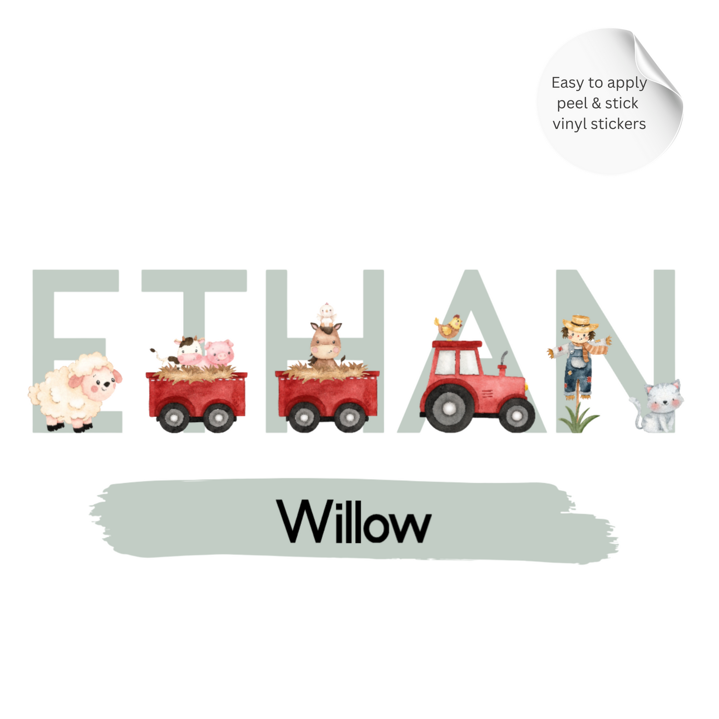 Personalised Pink Farm Animal Name Wall Stickers 4"/10.2 cm – Nursery Vinyl Decal, Tractor Farm Decor for Girls Room