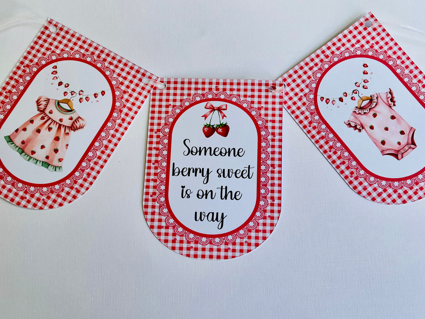 Strawberry Baby Shower Bunting, Pink Gingham Berry Garland, Someone Very Sweet Is On The Way Banner, Baby Girl Shower Decorations