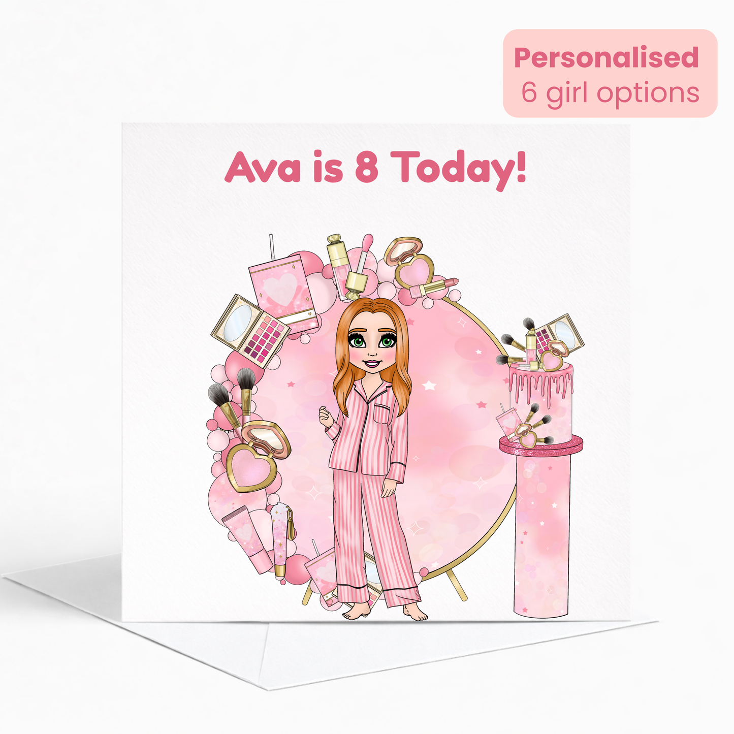 Personalised Beauty Birthday Card for Girls, Pink Pamper Spa Theme Card, Custom Name & Age Card, Sleepover Birthday Card, Stylish Girls Birthday