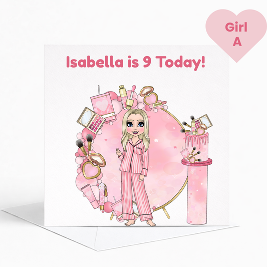 Personalised Beauty Birthday Card for Girls, Pink Pamper Spa Theme Card, Custom Name & Age Card, Sleepover Birthday Card, Stylish Girls Birthday