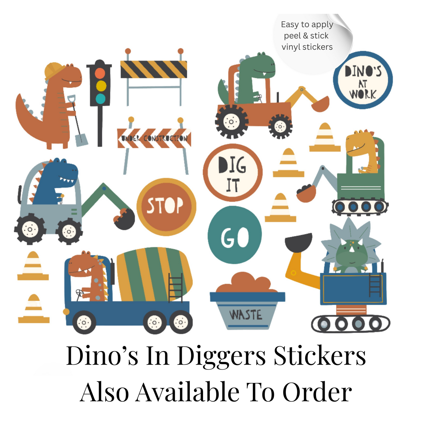 Dinosaur Construction Wall Stickers – Dino Digger Vinyl Decals, Kids Room Decor, Nursery Wall Stickers, Playroom Decor Set