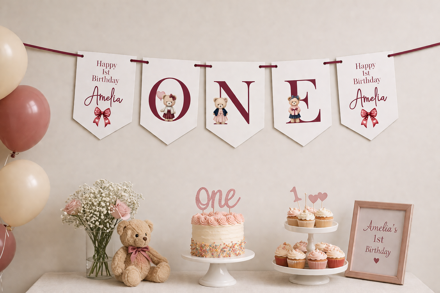 Personalised Teddy Bear 1st Birthday Bunting – Pink ONE High Chair Banner