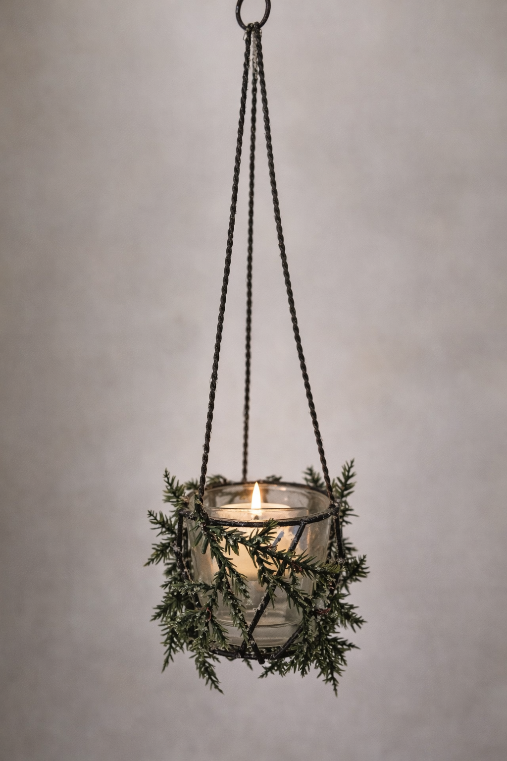 Hanging Tea Light Holder with Frosted Foliage