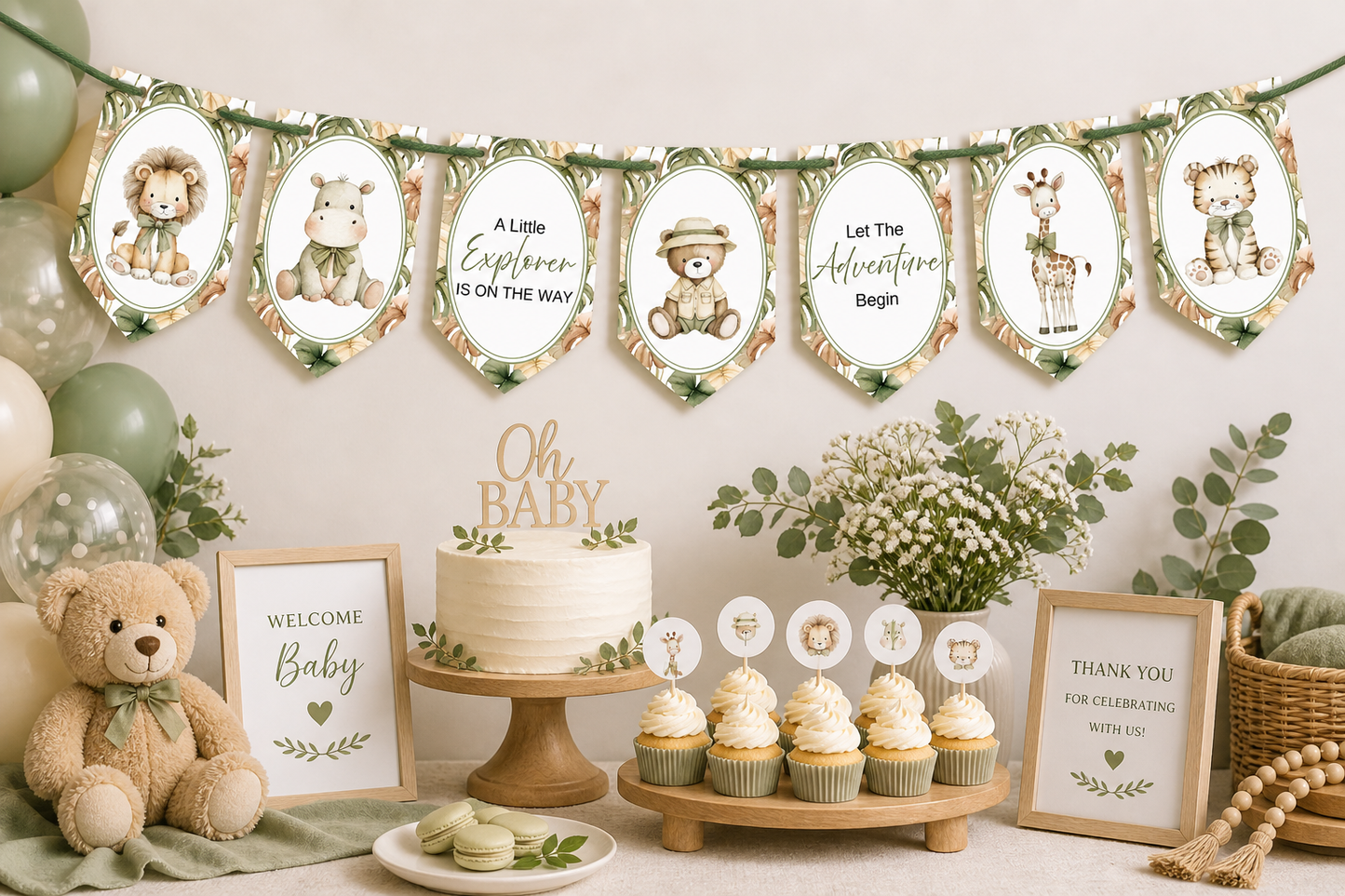 Safari Baby Shower Bunting, Let The Adventure Begin Banner, Little Explorer Garland, Neutral Safari Baby Shower Decorations