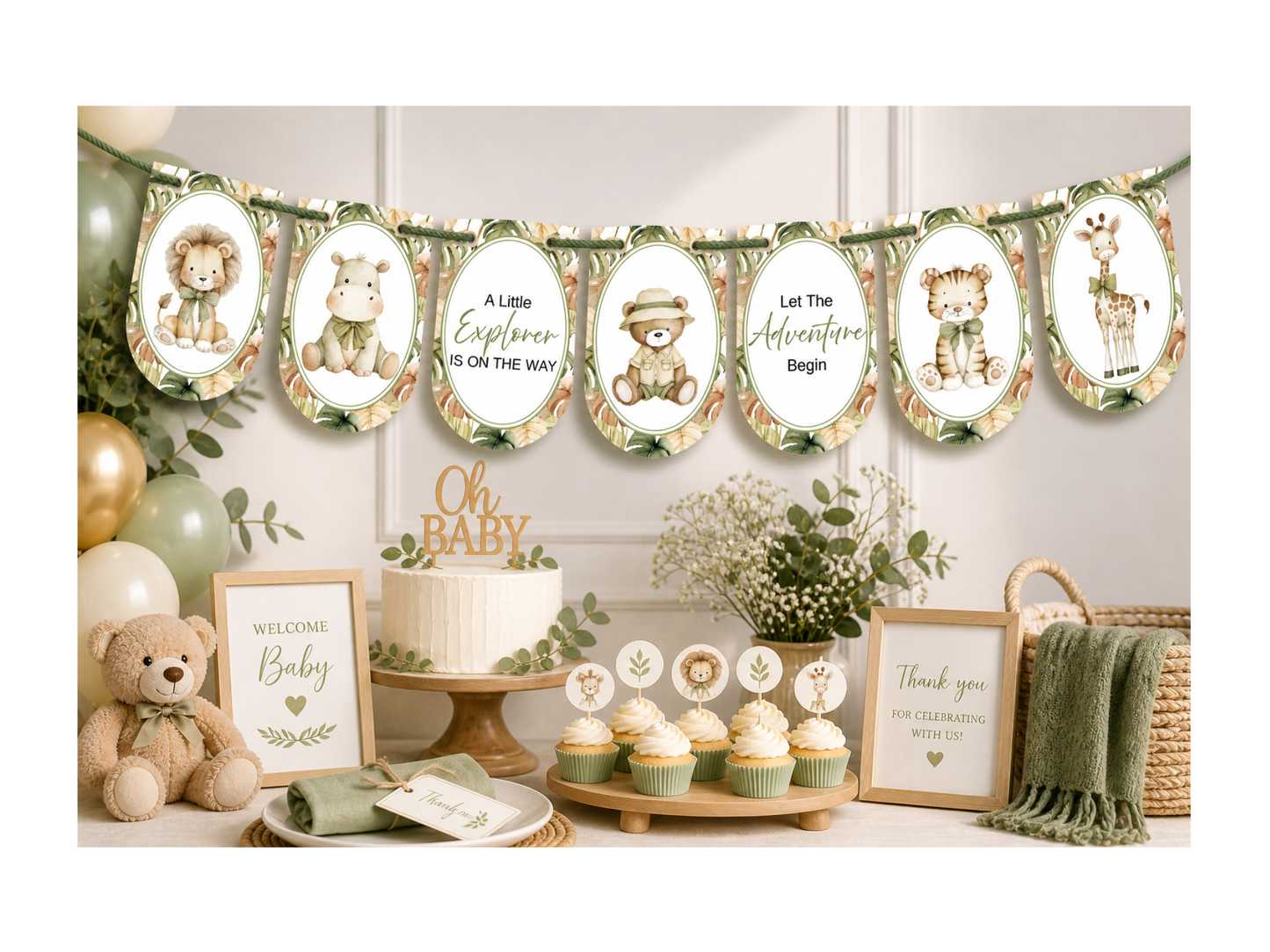 Safari Baby Shower Bunting, Let The Adventure Begin Banner, Little Explorer Garland, Neutral Safari Baby Shower Decorations