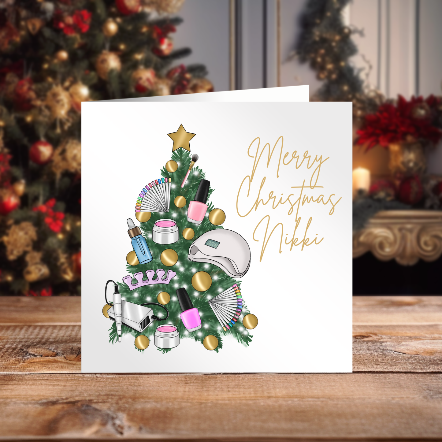 Personalised Nail Technician Christmas Card – Custom Name Festive Manicurist Merry Christmas