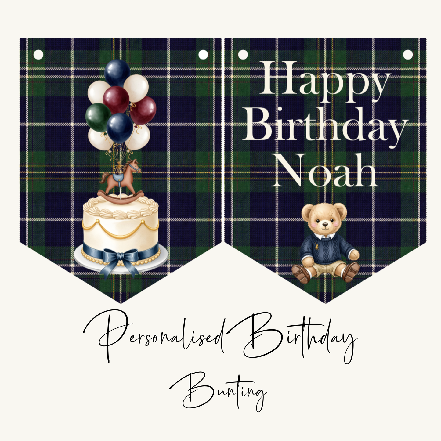 Personalised Posh Teddy Bear Birthday Banner – Vintage Tartan Plaid Bunting (Ages 1–3)