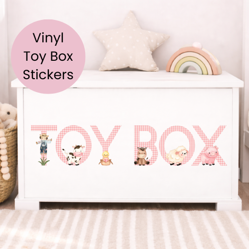 Farm Animal Toy Box Stickers – Gingham Vinyl Letters for Kids Storage & Nursery Decor