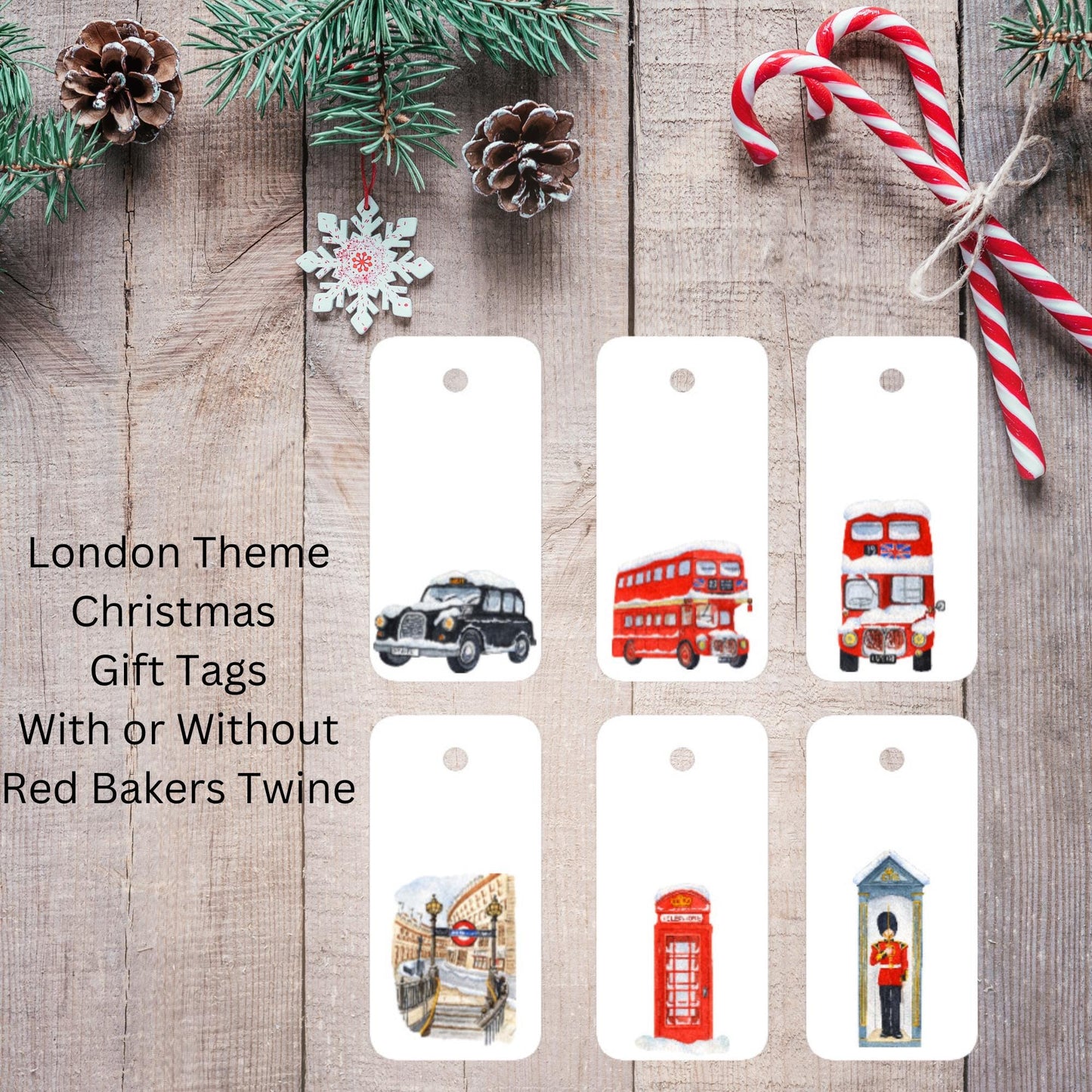 London Themed Christmas Gift Tags – Iconic London Buses, Taxi, Guard & Underground with Baker’s Twine