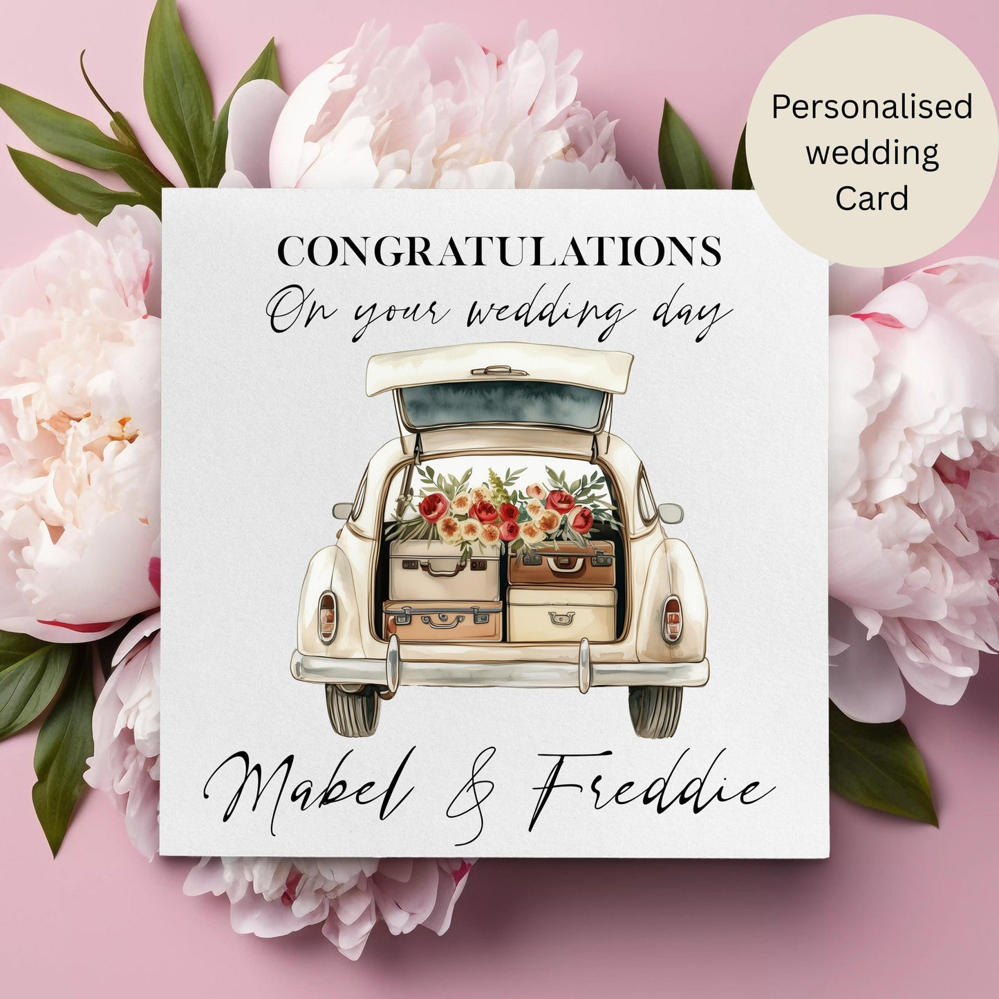 Personalised Vintage Car Wedding Card – Custom Names – 6 Designs Available