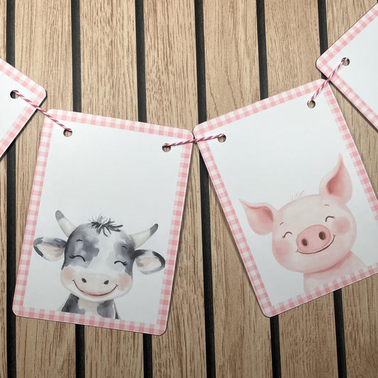 Farmyard Animal Portrait Bunting – Gingham Edge Party Garland – Pig, Cow, Lamb & Donkey