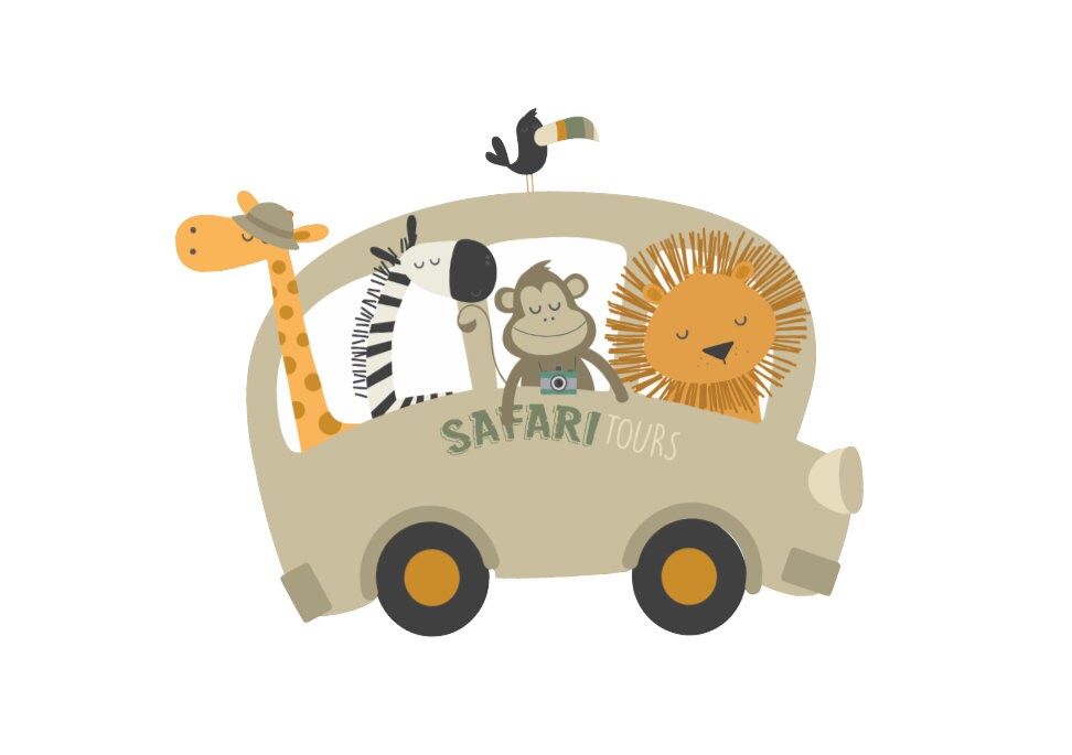 Safari Bus Vinyl Wall Decal – Nursery Animal Wall Sticker – Matt or Glossy Finish