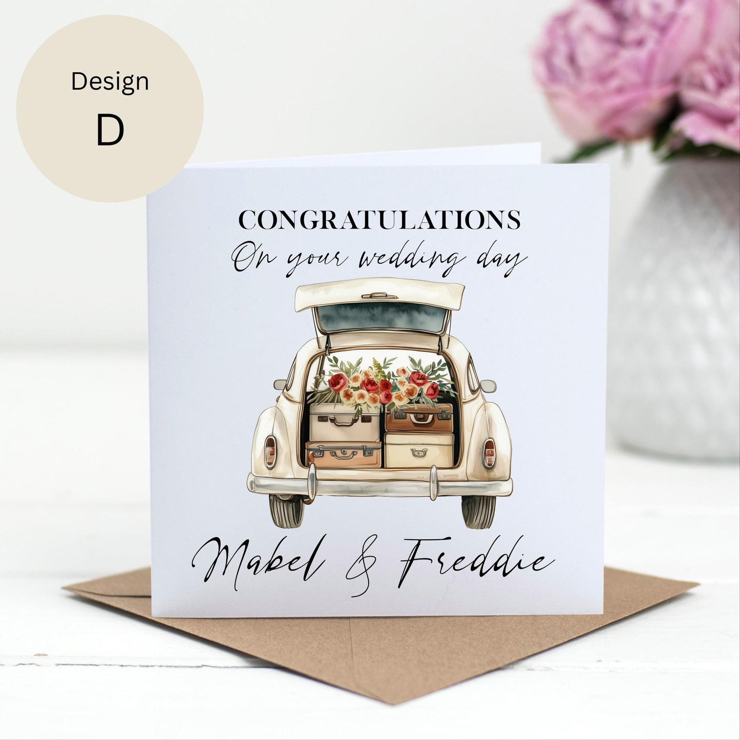 Personalised Vintage Car Wedding Card – Custom Names – 6 Designs Available