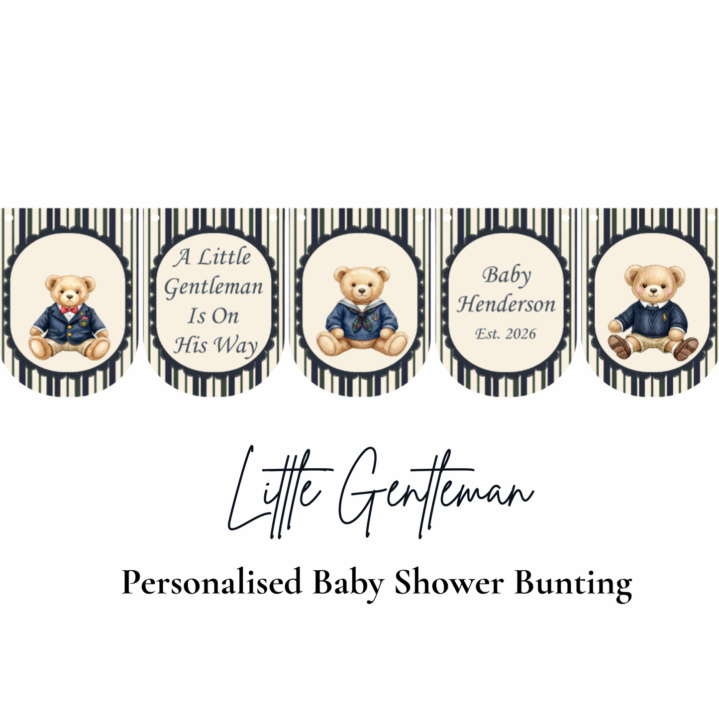 Little Gentleman Baby Shower Bunting – Personalised Teddy Bear Banner Boy