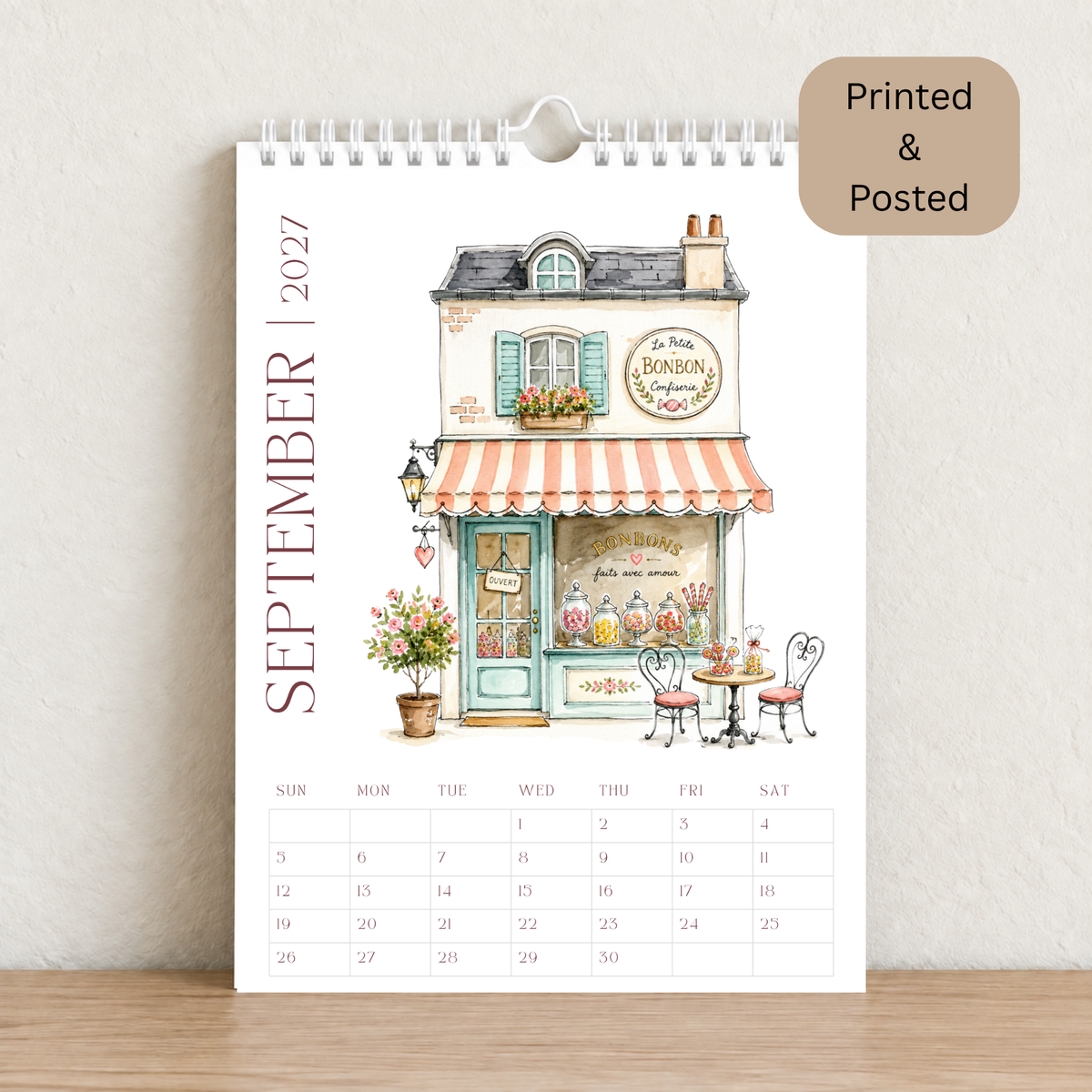 Little French Cafés 2027 A4 Wall Calendar - Design A
