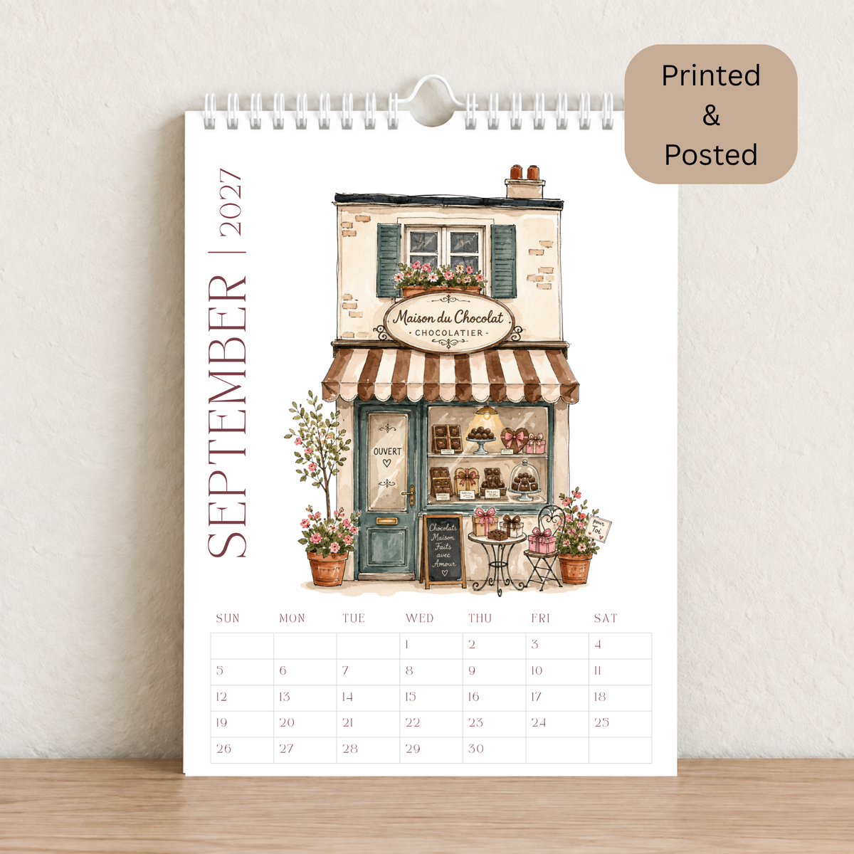 Little French Cafés 2027 A4 Wall Calendar - Design B