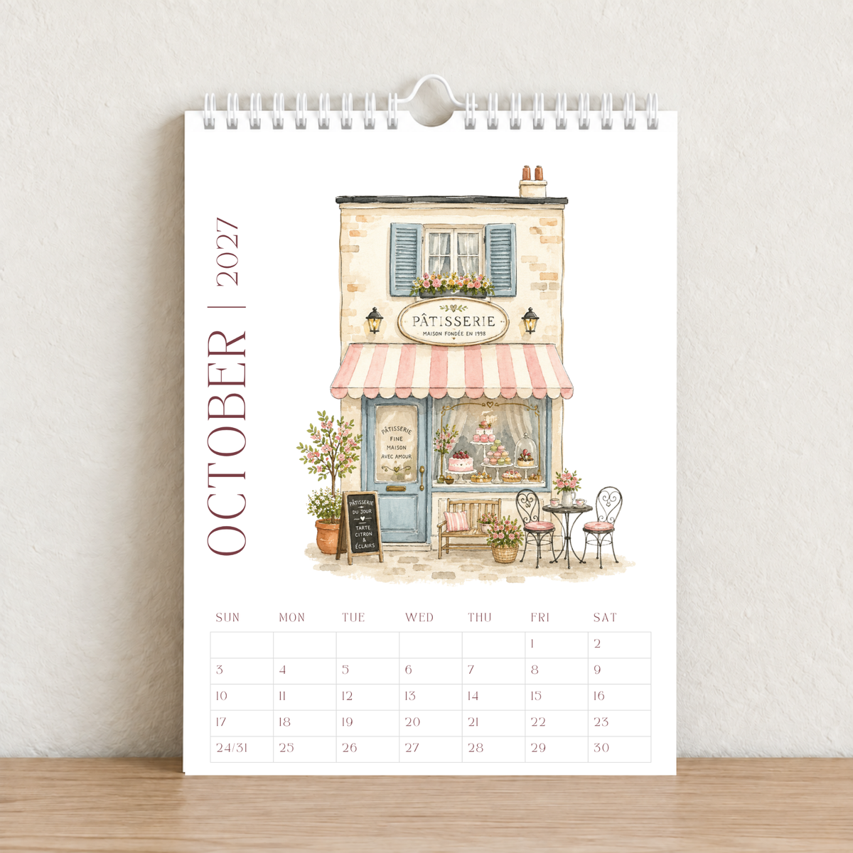 Little French Cafés 2027 A4 Wall Calendar - Design B