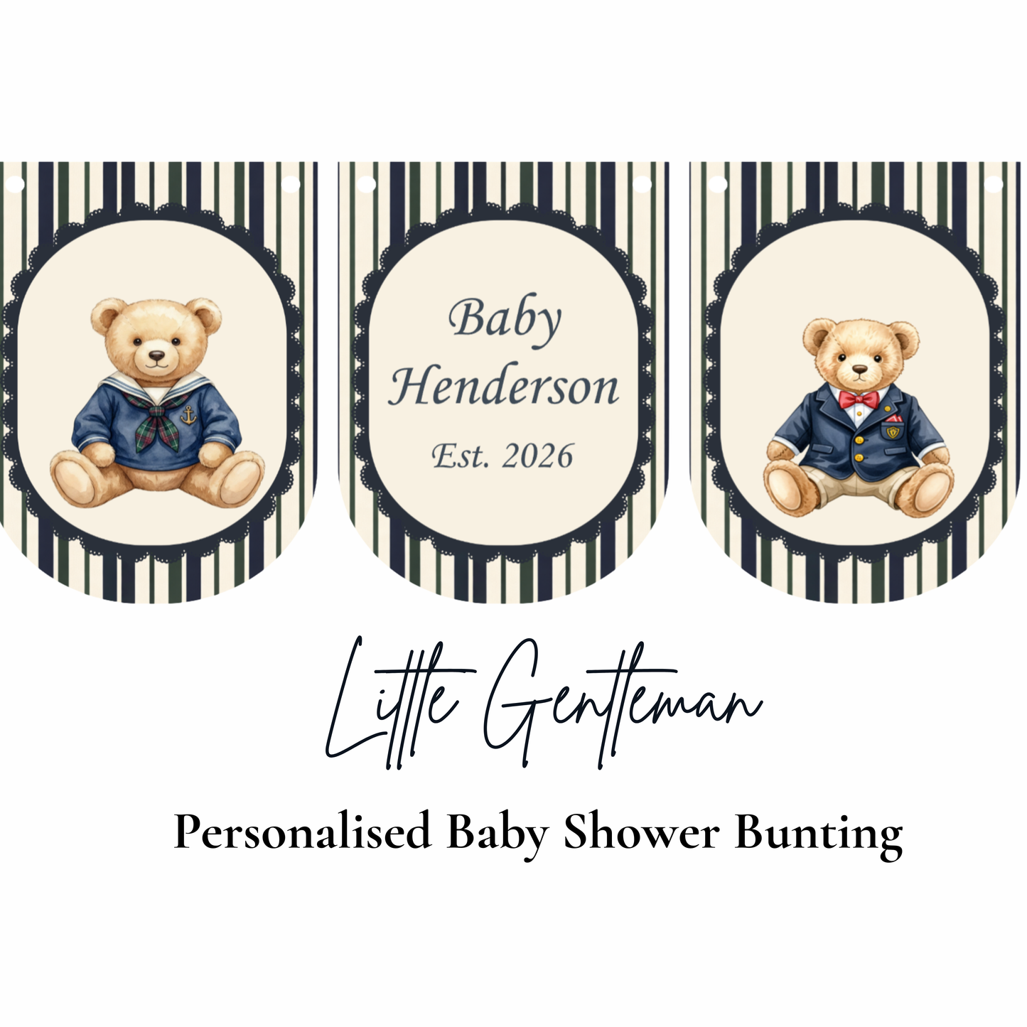 Little Gentleman Baby Shower Bunting – Personalised Teddy Bear Banner Boy