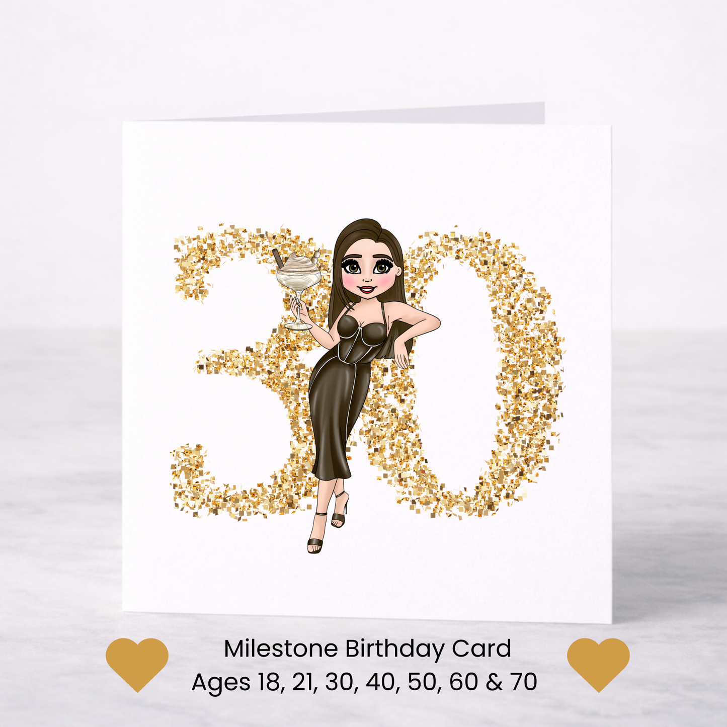 Gold Milestone Birthday Card – Choice of Lady & Age (18–70)