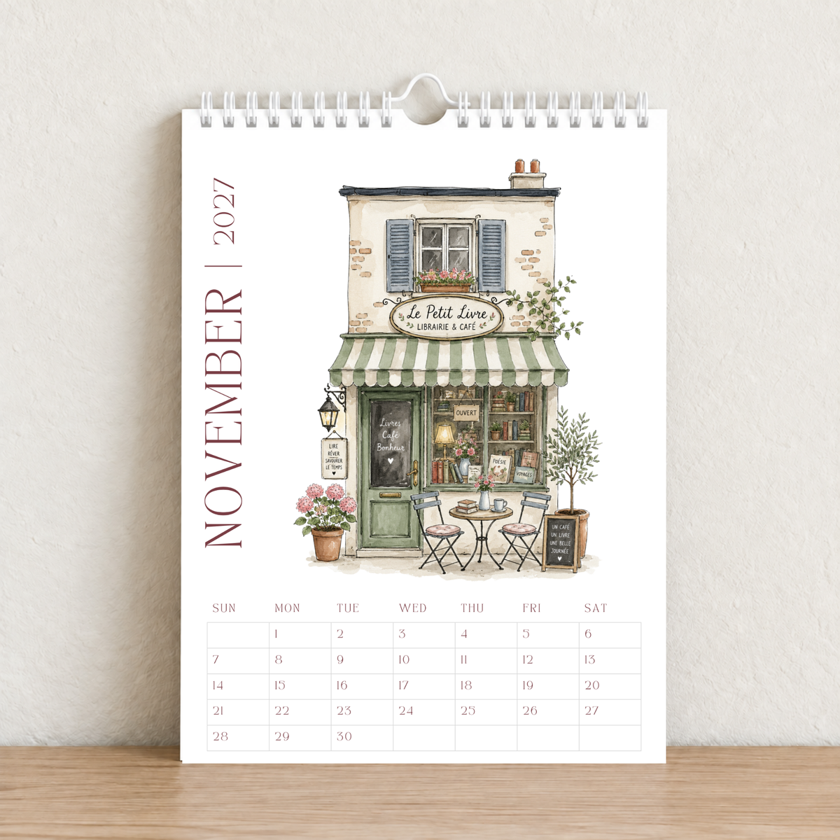 Little French Cafés 2027 A4 Wall Calendar - Design A