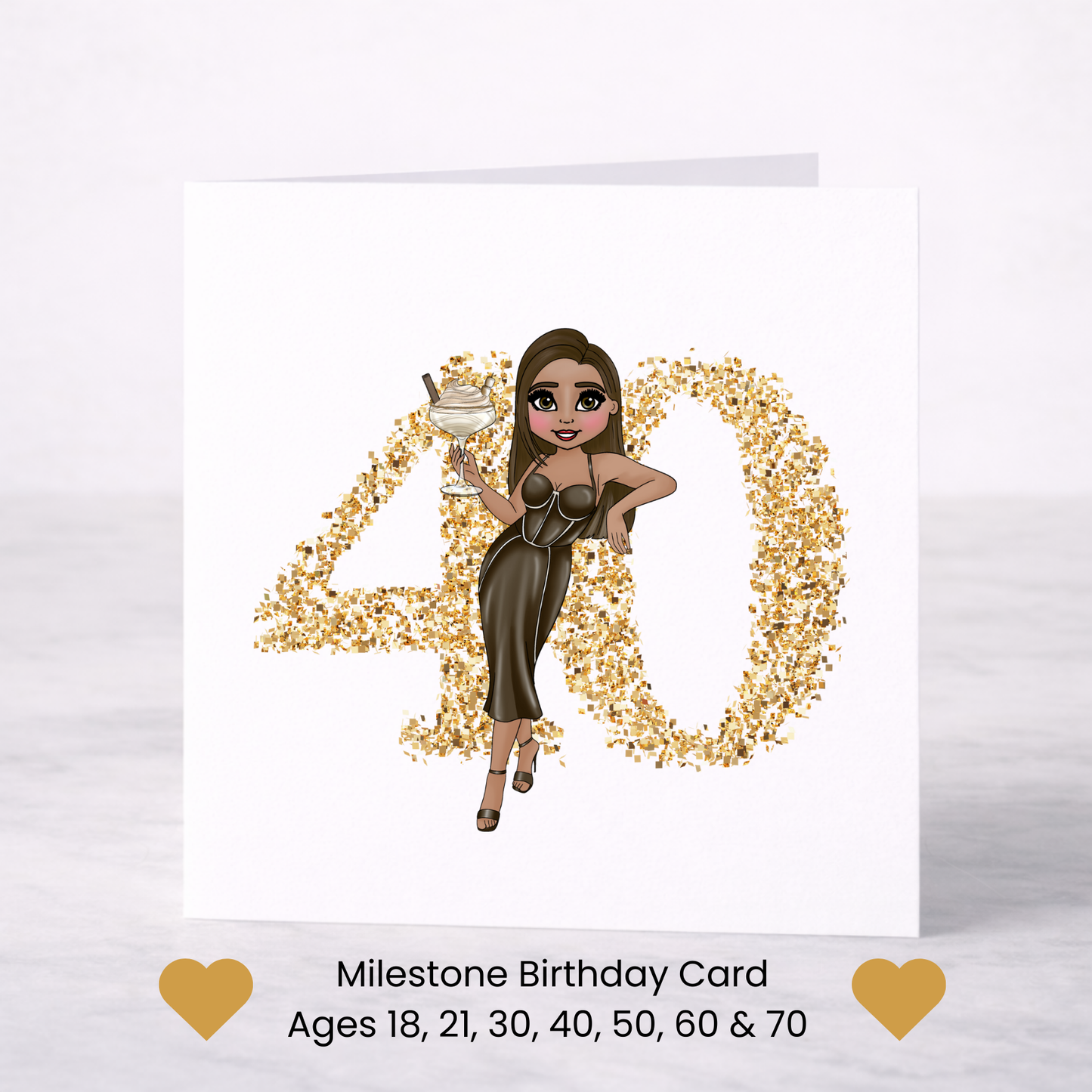 Gold Milestone Birthday Card – Choice of Lady & Age (18–70)