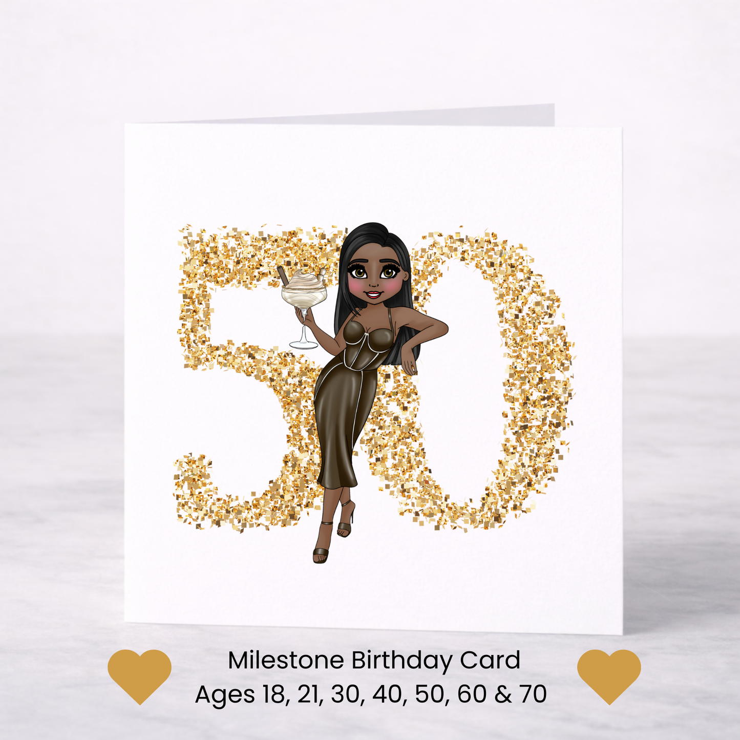 Gold Milestone Birthday Card – Choice of Lady & Age (18–70)