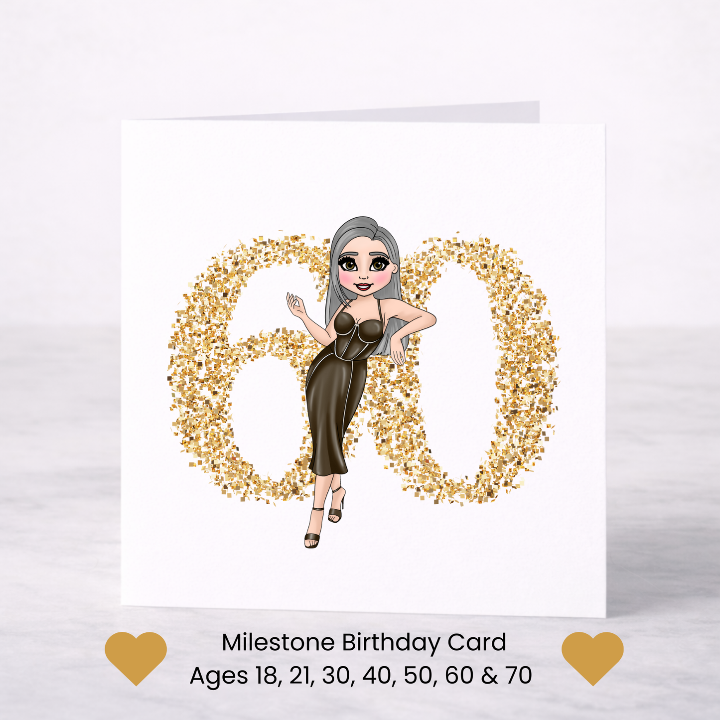 Gold Milestone Birthday Card – Choice of Lady & Age (18–70)