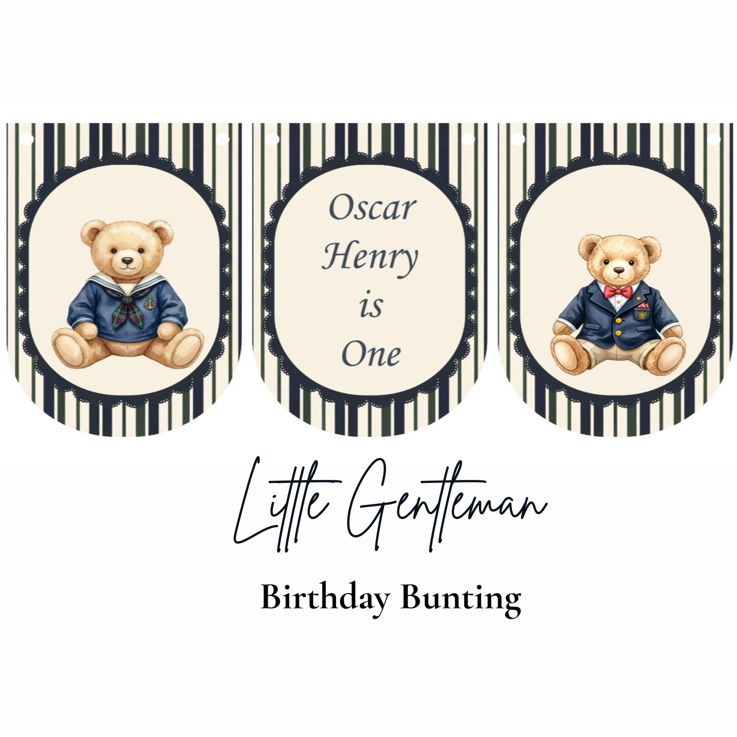 Little Gentleman Birthday Bunting – Personalised Teddy Bear Banner Age 1–3