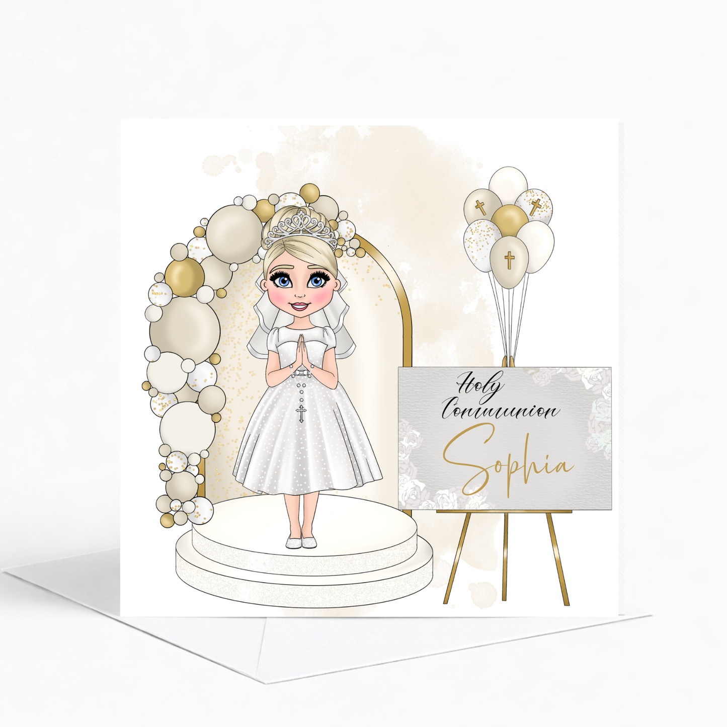 Personalised First Holy Communion Card for Girl – Elegant Floral & Gold Design
