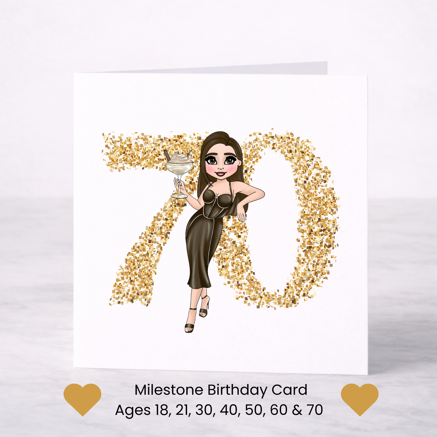 Gold Milestone Birthday Card – Choice of Lady & Age (18–70)