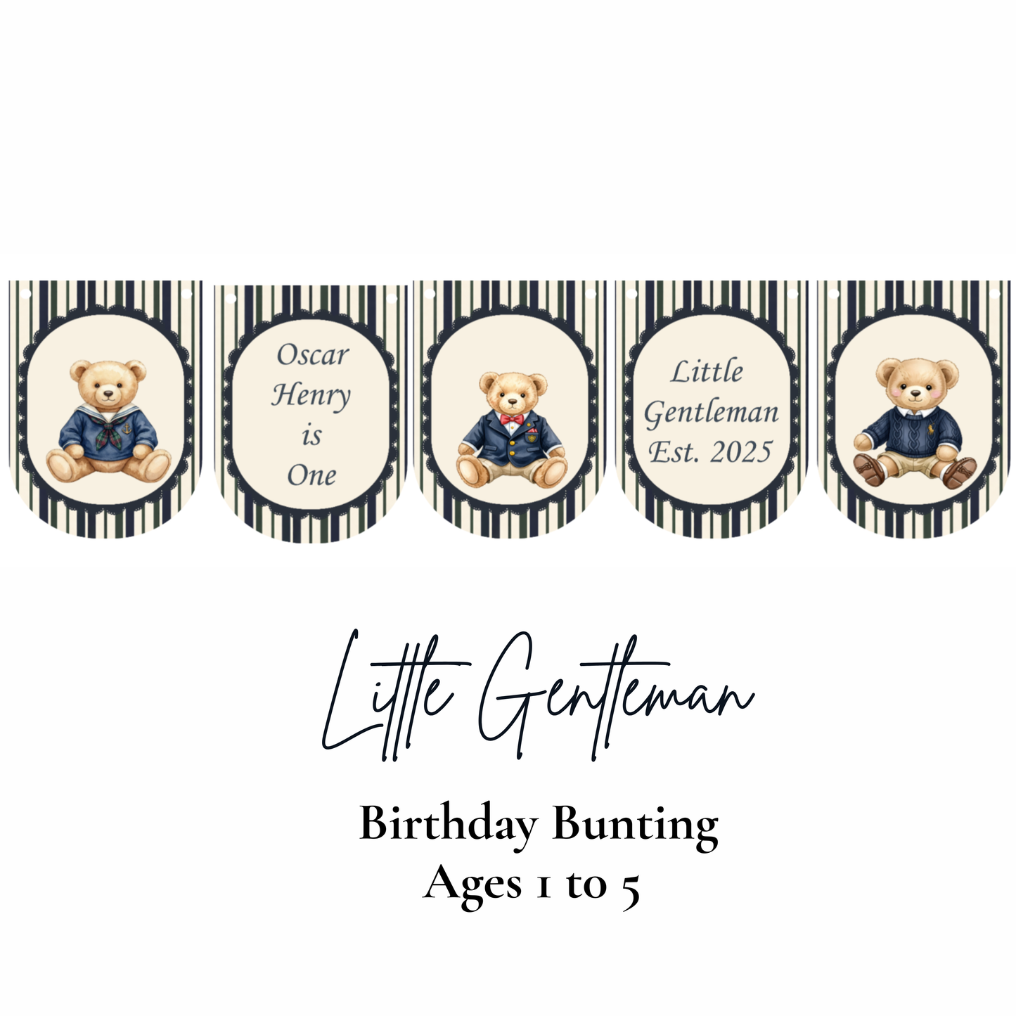 Little Gentleman Birthday Bunting – Personalised Teddy Bear Banner Age 1–3