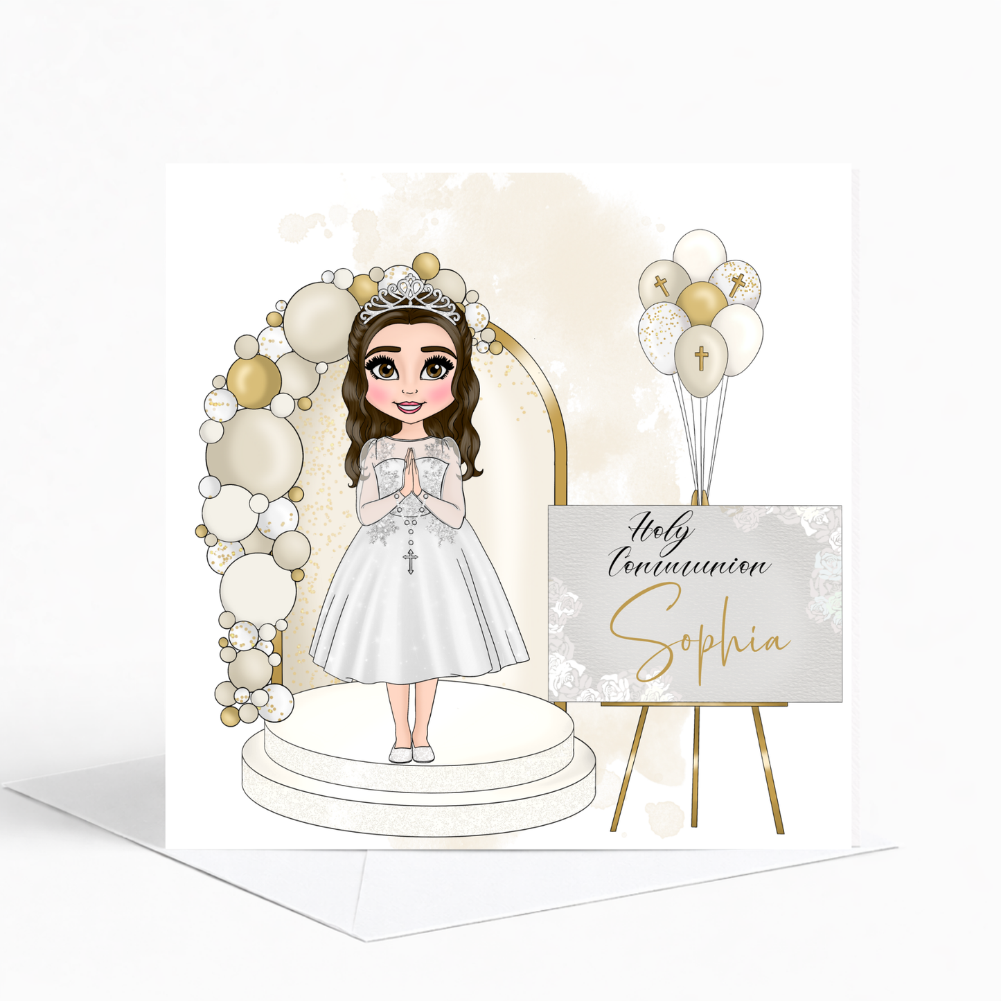 Personalised First Holy Communion Card for Girl – Elegant Floral & Gold Design