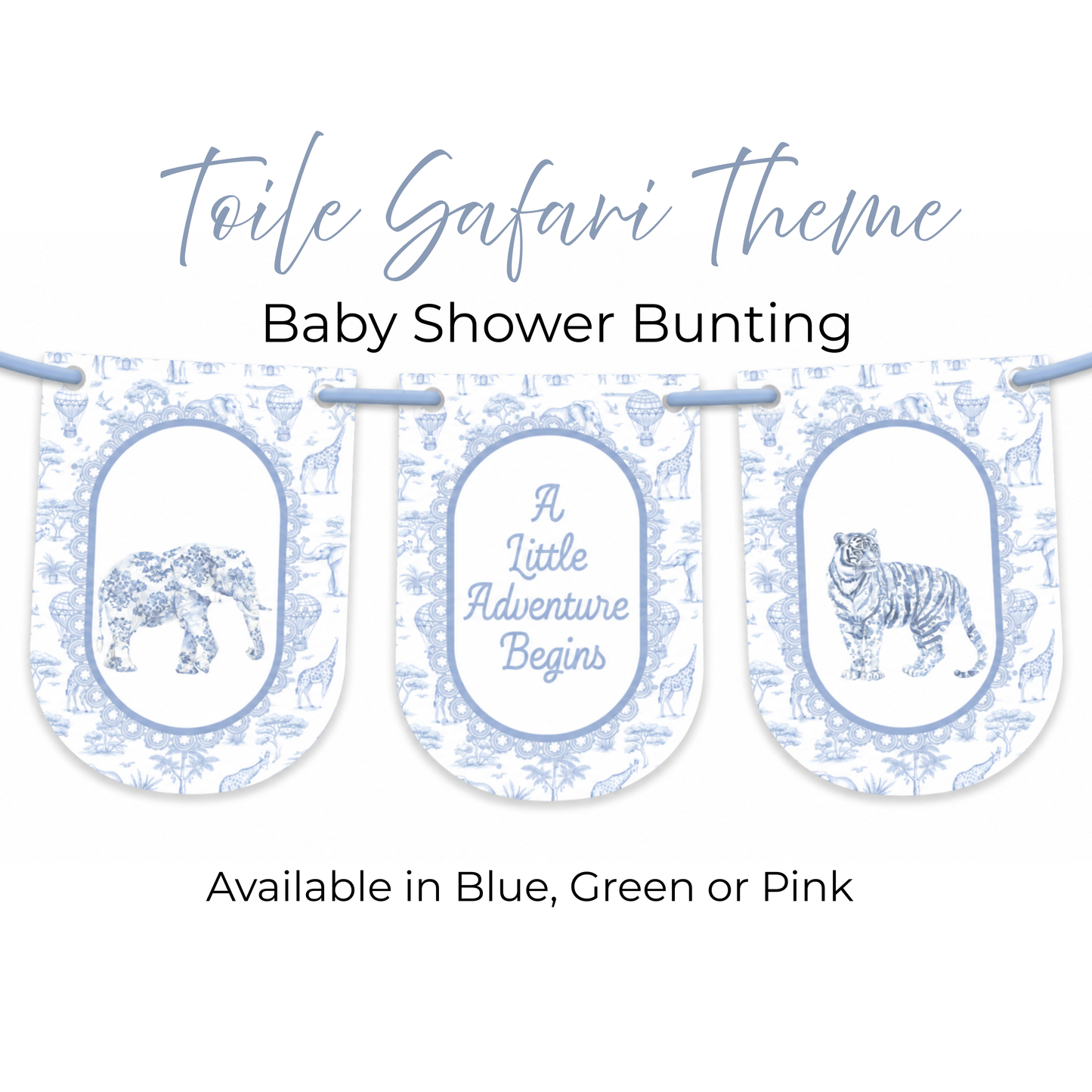 Safari Toile Baby Shower Bunting, A Little Adventure Begins Banner, Safari Animal Garland, Blue Pink Sage Baby Shower Decorations