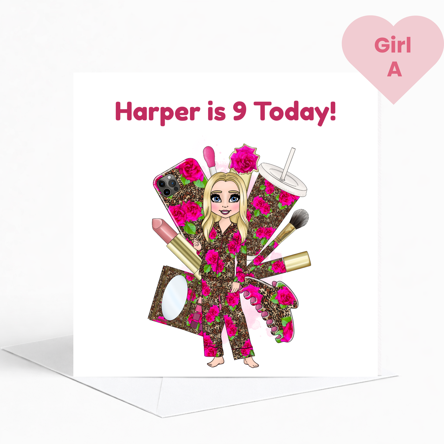 Personalised Makeup & Leopard Print Pyjama Birthday Card for Girls