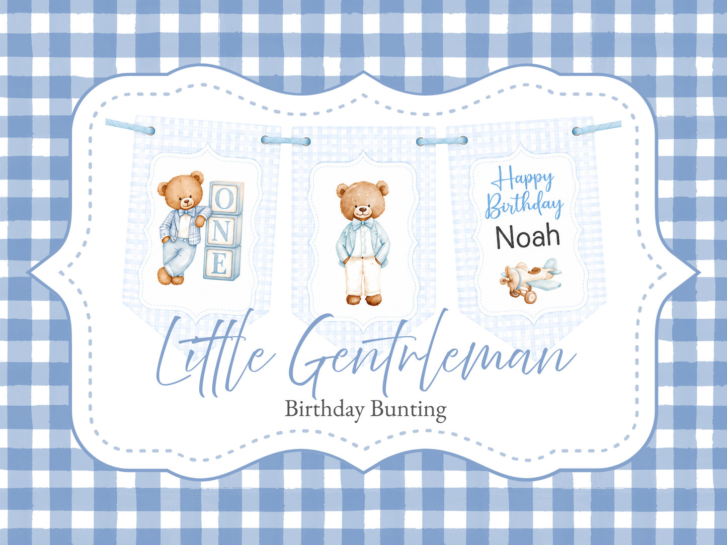 Personalised Teddy Bear Birthday Bunting | Blue Gingham 1st & 2nd Birthday Banner