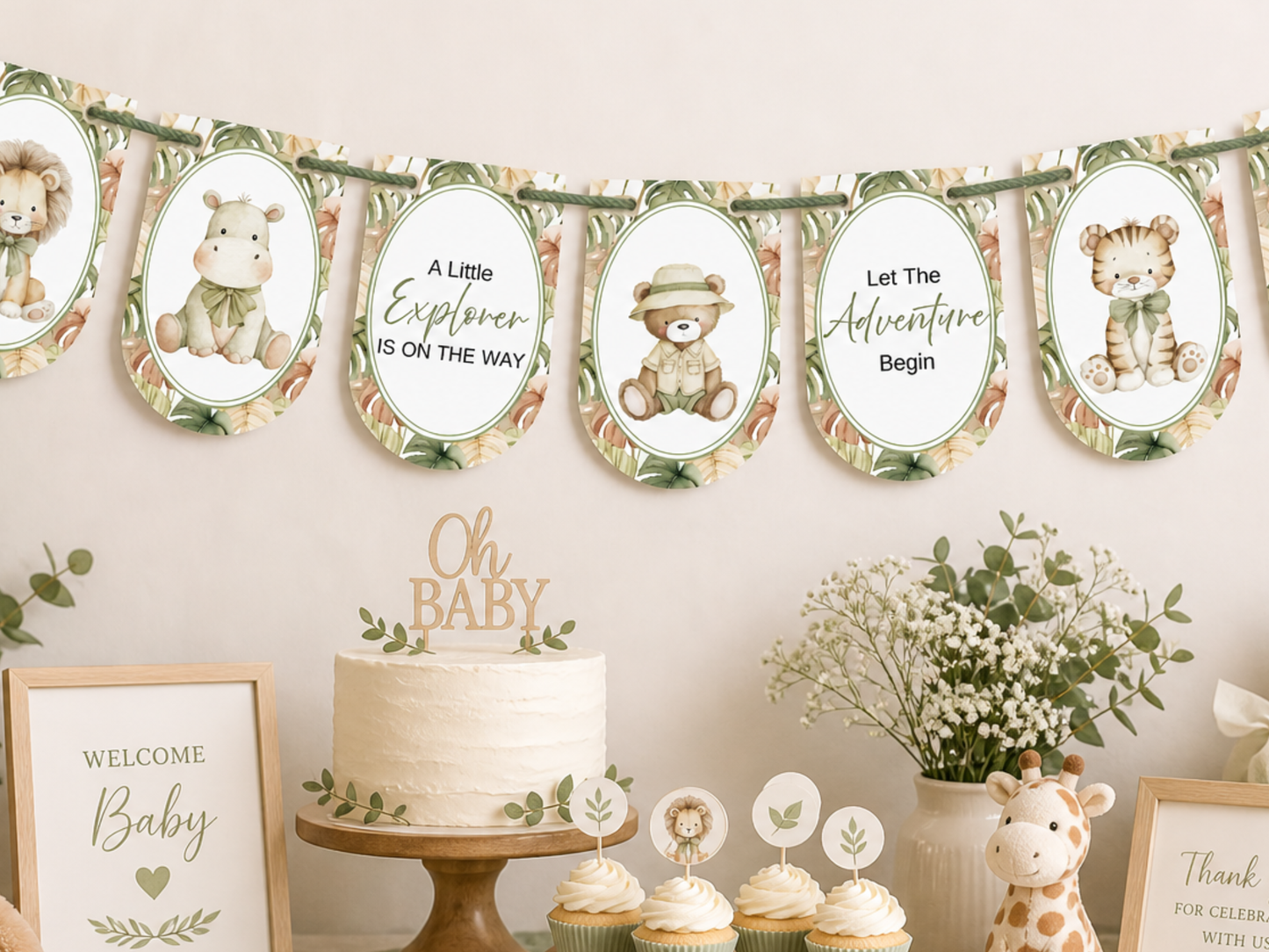 Safari Baby Shower Bunting, Let The Adventure Begin Banner, Little Explorer Garland, Neutral Safari Baby Shower Decorations