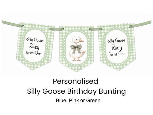 Personalised Silly Goose Turns One Birthday Bunting – First Birthday Banner Pink or Sage Green