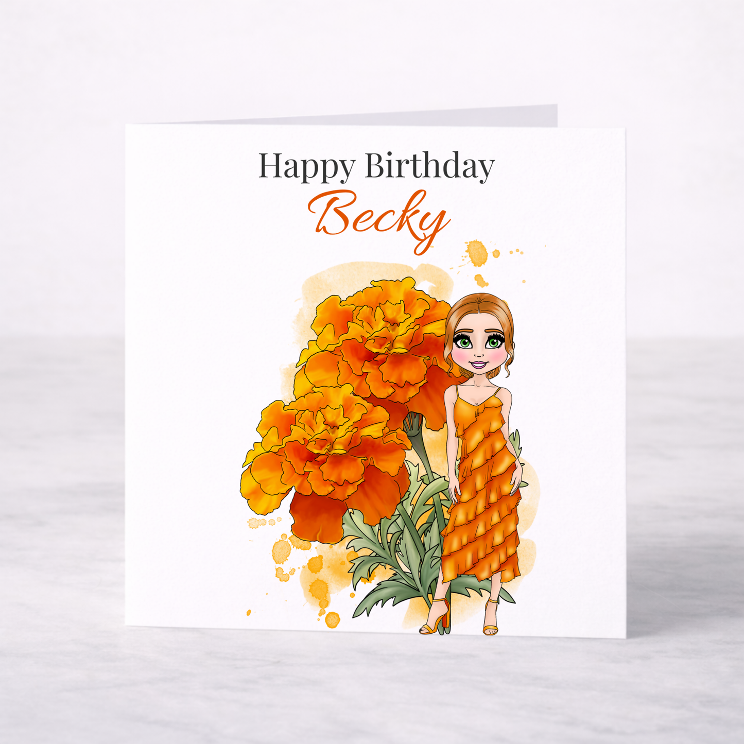 Personalised October Birth Flower Birthday Card – Marigold Design, Custom Name, Choice of Girl