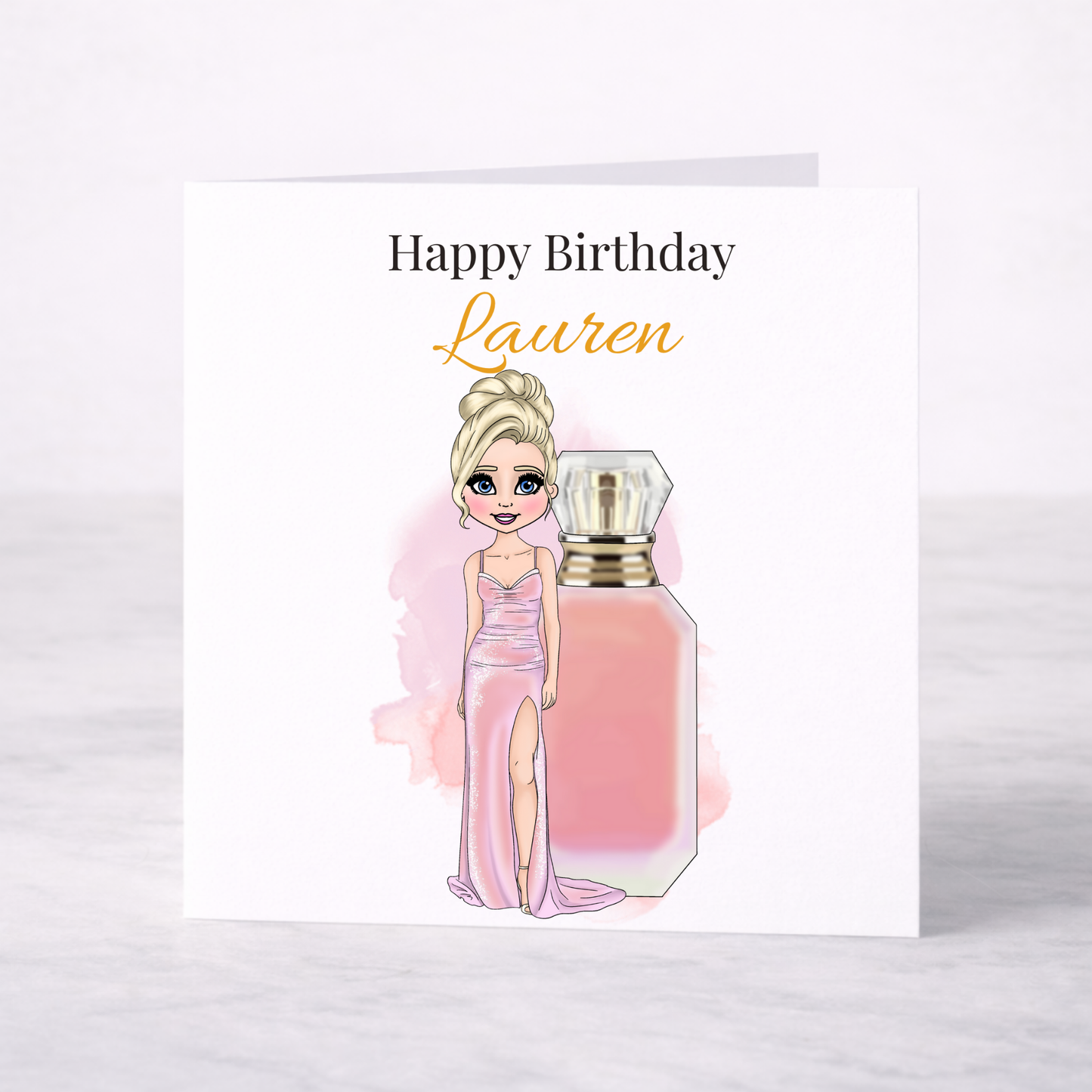 Personalised Candy Pink Perfume Birthday Card – Custom Name Fashion Card for Her