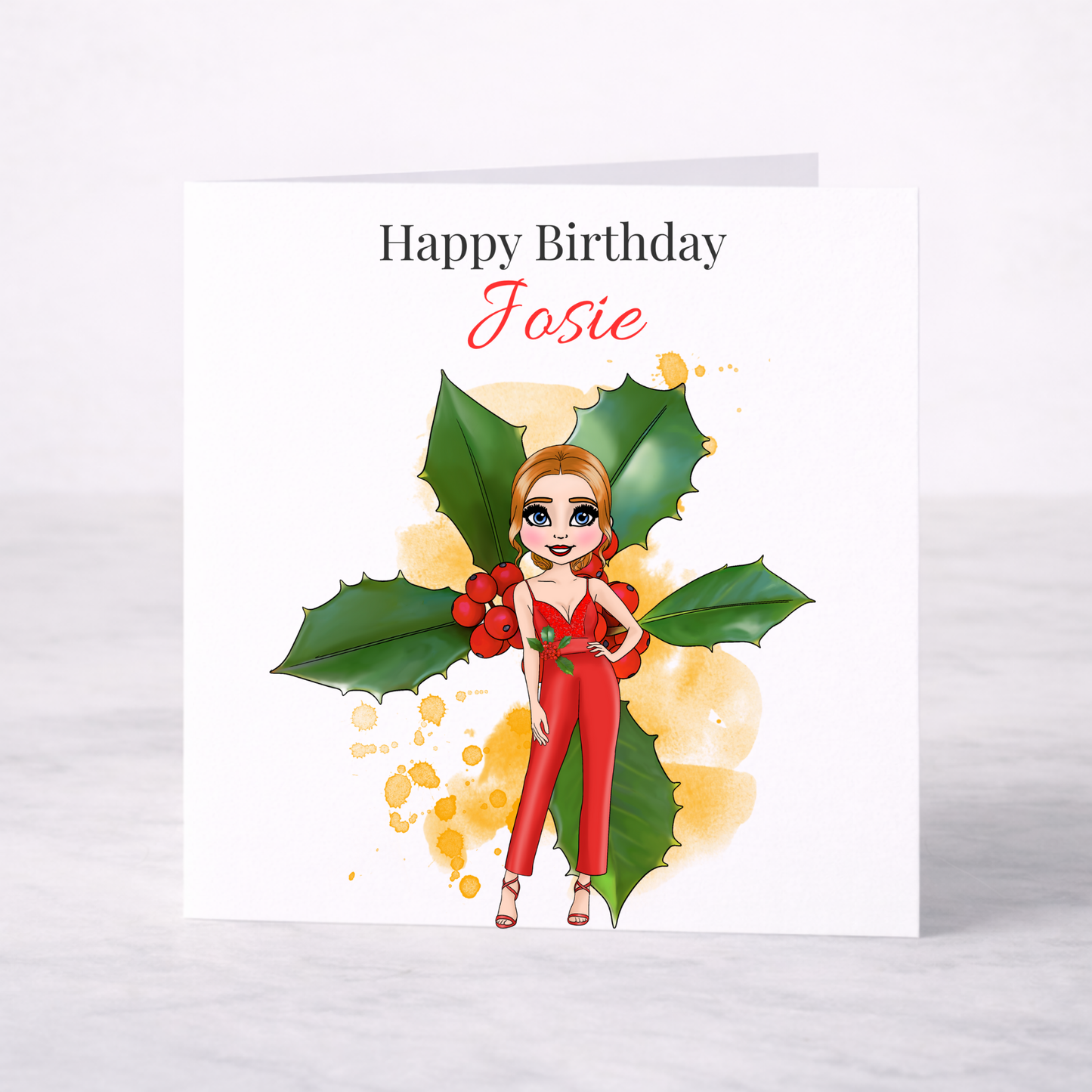 Personalised December Birth Flower Birthday Card – Holly Design, Custom Name, Choice of Girl